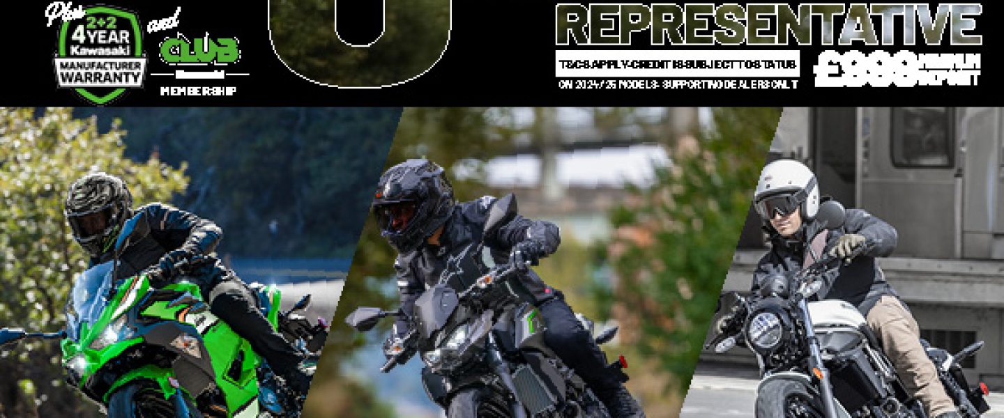 Enjoy 0% APR on HP and 5.9% PCP APR Representative on a wide range of Kawasaki machines!